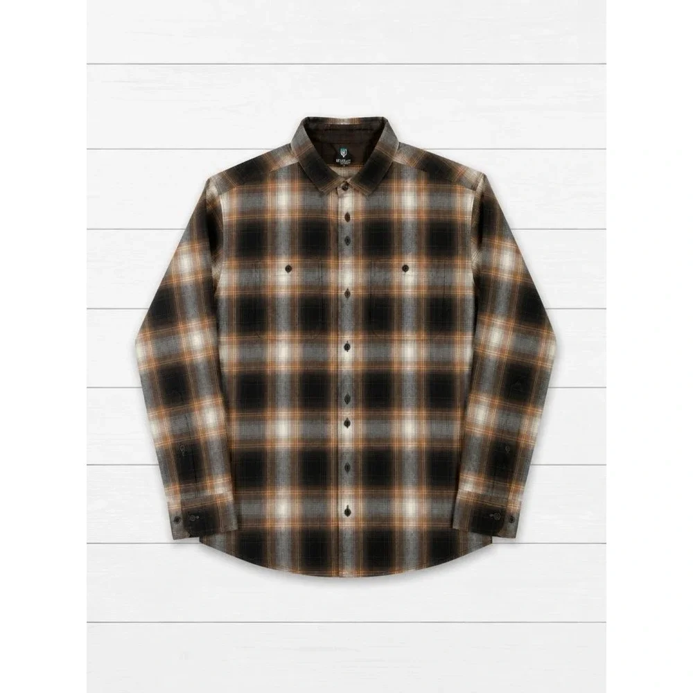 Kuhl Law Flannel Shirt Mens Medium Brown Black Plaid Organic Cotton Tencel Blend